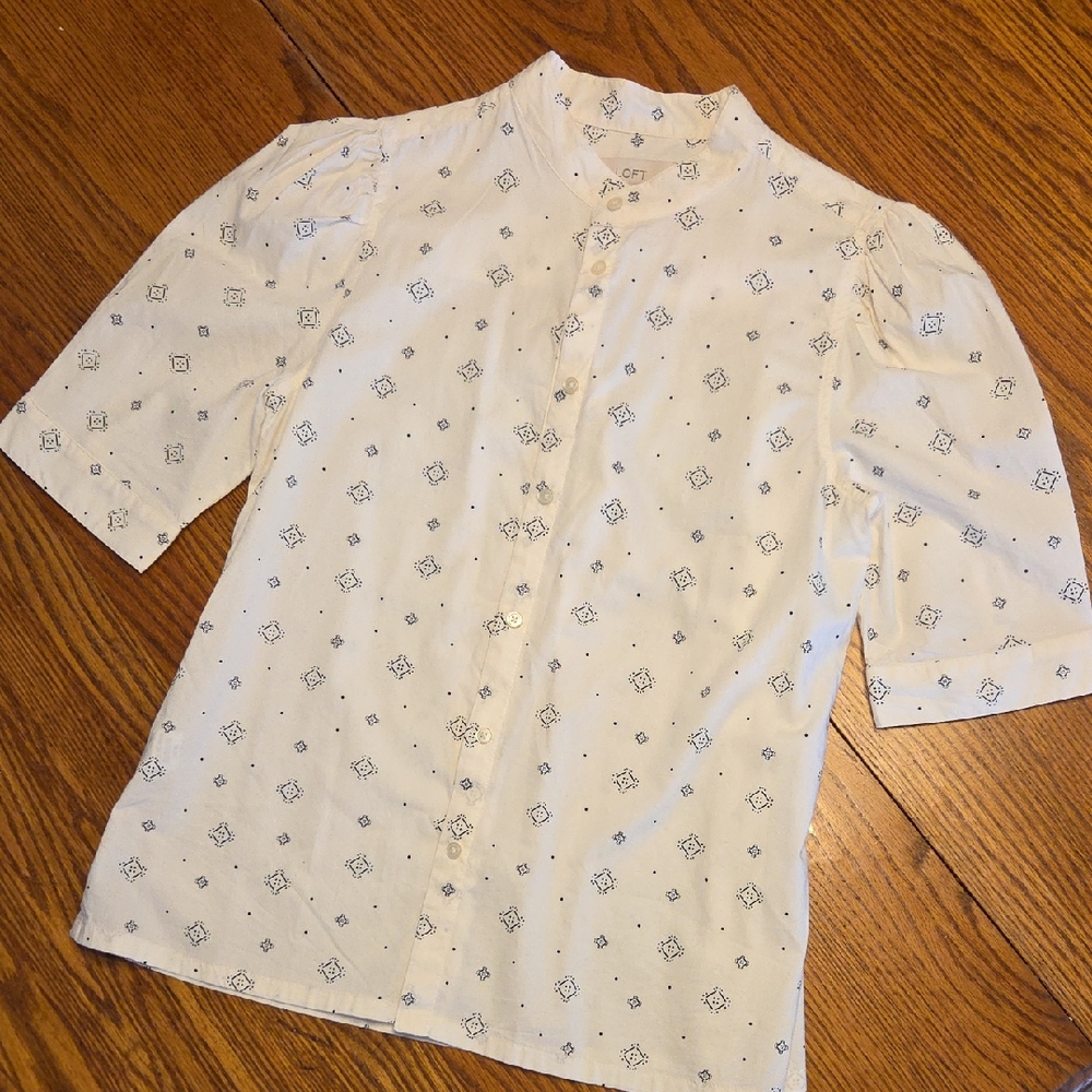 LOFT White Button Down Shirt with Blue Pattern